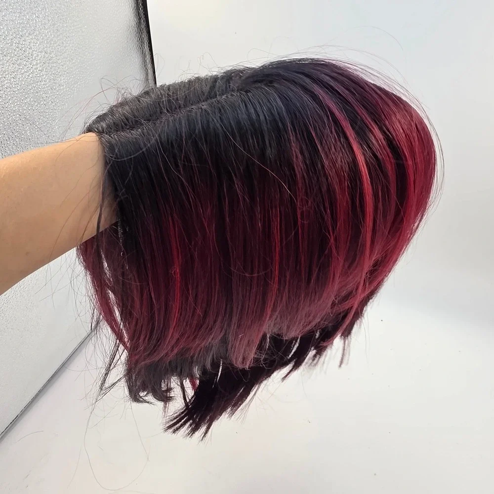 Short Burgundy Red Ombre Bob Wig Lace Front Black Roots Straight Synthetic Hair